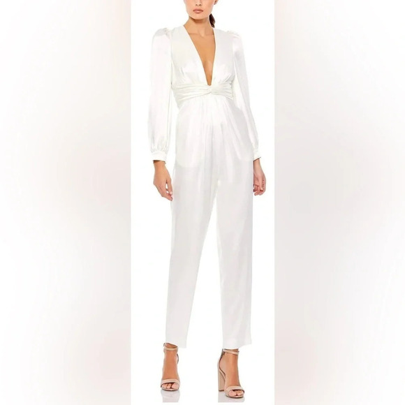Mac Duggal Pants - Ieena for Mac Duggal - A2647 Plunging V Neckline Long Sleeve Jumpsuit